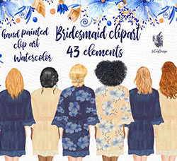 43张高清背景透明的北欧风水彩女士长袍/发型PNG图片：Bridesmaid Clip Art Watercolo